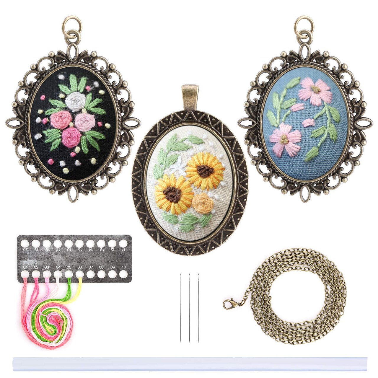 3 Pack Pendant Embroidery Starter Kit for Beginners,Retro Necklace Series Cross Stitch Tools for Necklace & Earrings & Hand Sewing Jewelry & Creative Gifts,Style A
